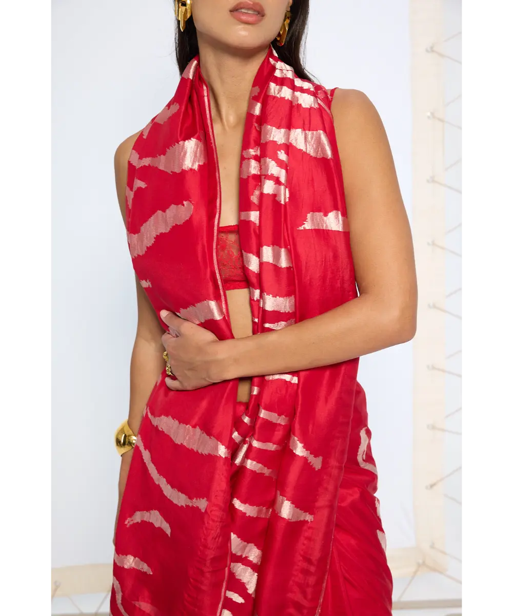 EKAYA BANARAS - Handwoven Red Rose Gold Zari Saree